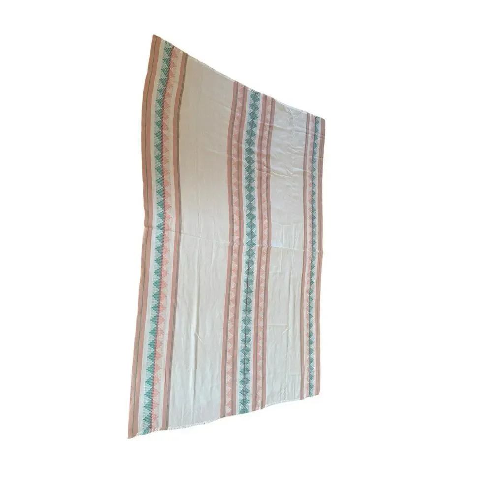 Tablecloth Napkin Set 84”x57” Aztec Striped Peach Aqua Mid Century Fringe